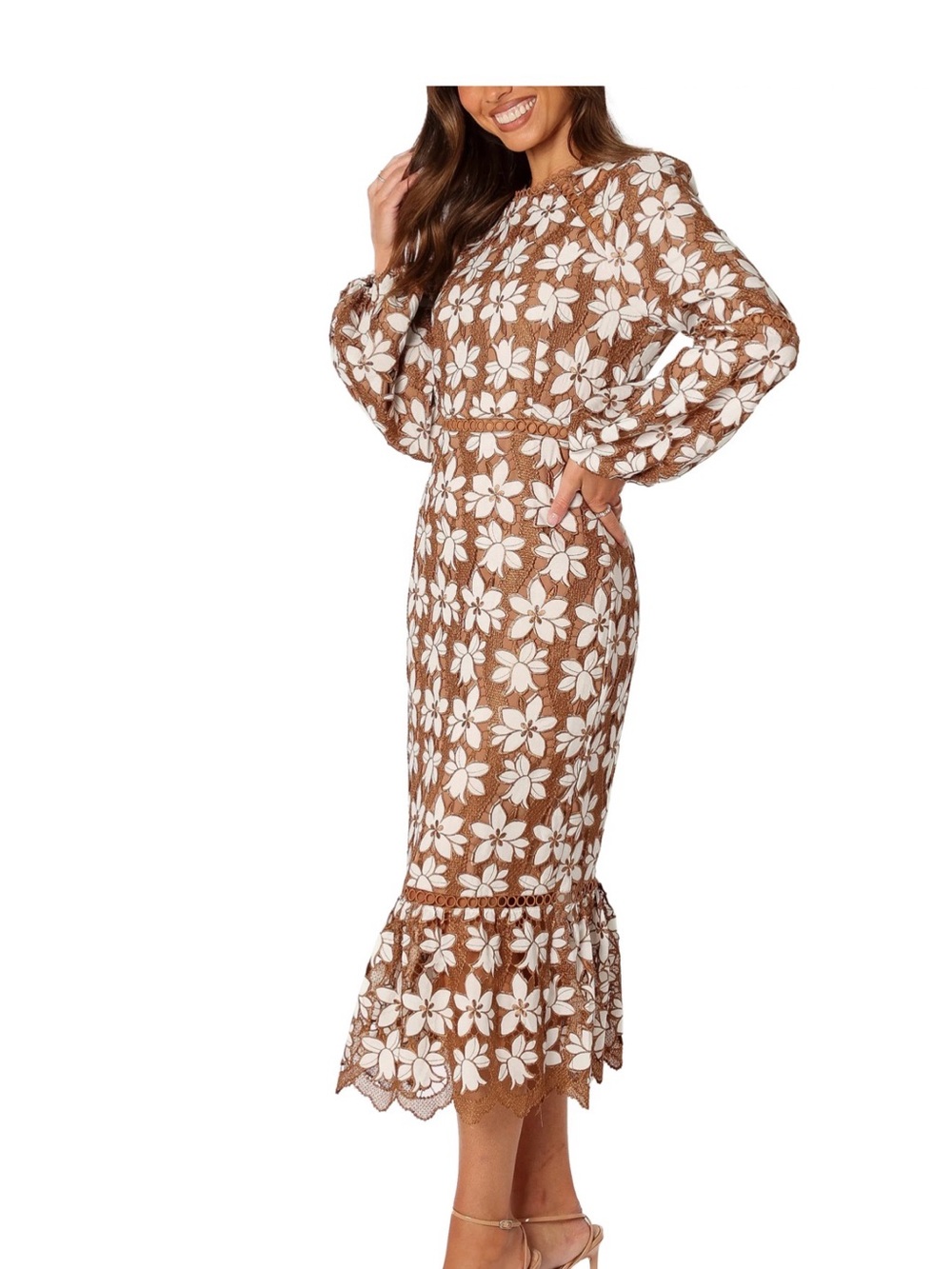 Brown Floral Lace Midi Dress with Ruffle Hem